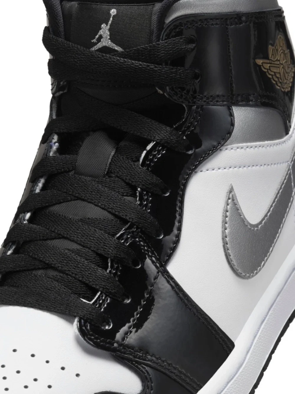Jordan 1 Mid SE. Patent Black White Metallic Silver Gold. SIZE 10.5 - HV0789-010
